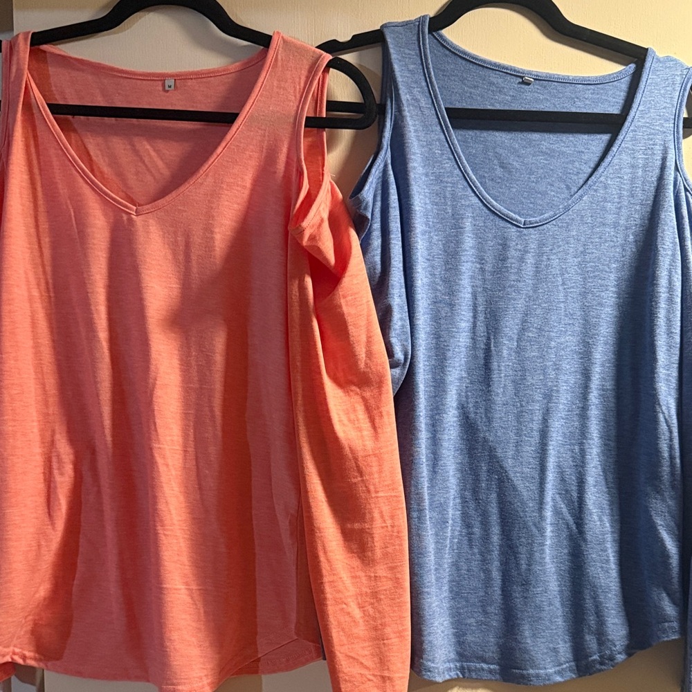 Women's V-Neck Cold Shoulder Tops - Coral and Blue